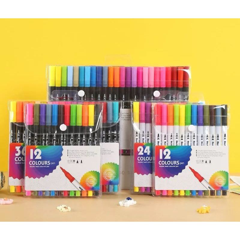 12/24/36/48 Cores Aquarela Conjunto De Canetas Marcadores De Arte Com Ponta Dupla/Tinta Base De Água material escolara em Oferta na Shopee