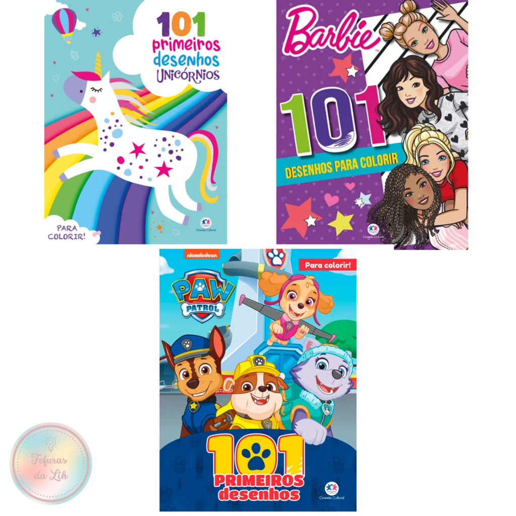 Livro de colorir Barbie, unicórnio e Patrulha Canina - 101 desenhos