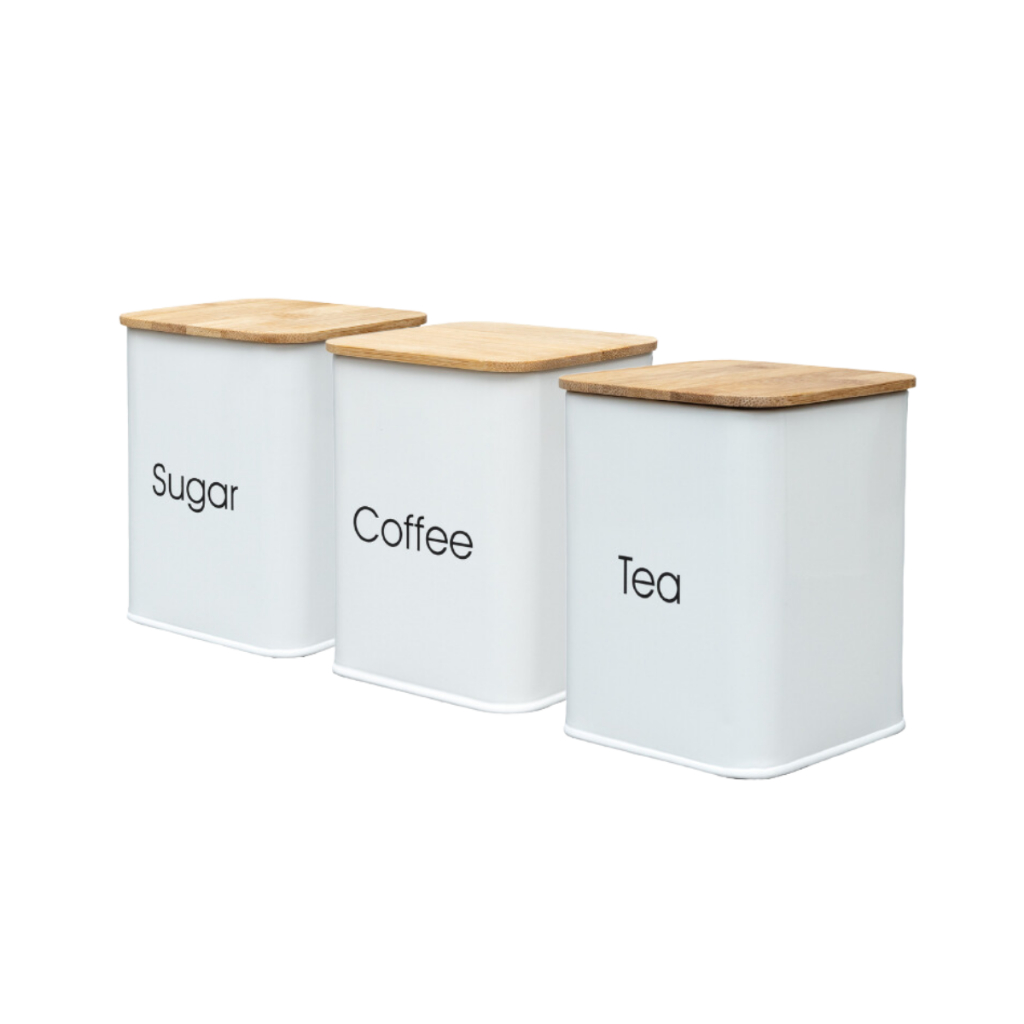 Conjunto Porta Mantimentos 3 Peças Cafe Açucar Chá Aço Tampa Bambu Organização Cozinha Premium