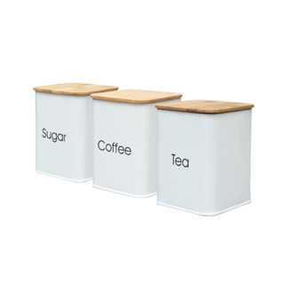 Conjunto Porta Mantimentos 3 Peças Cafe Açucar Chá Aço Tampa Bambu Organização Cozinha Pre...
