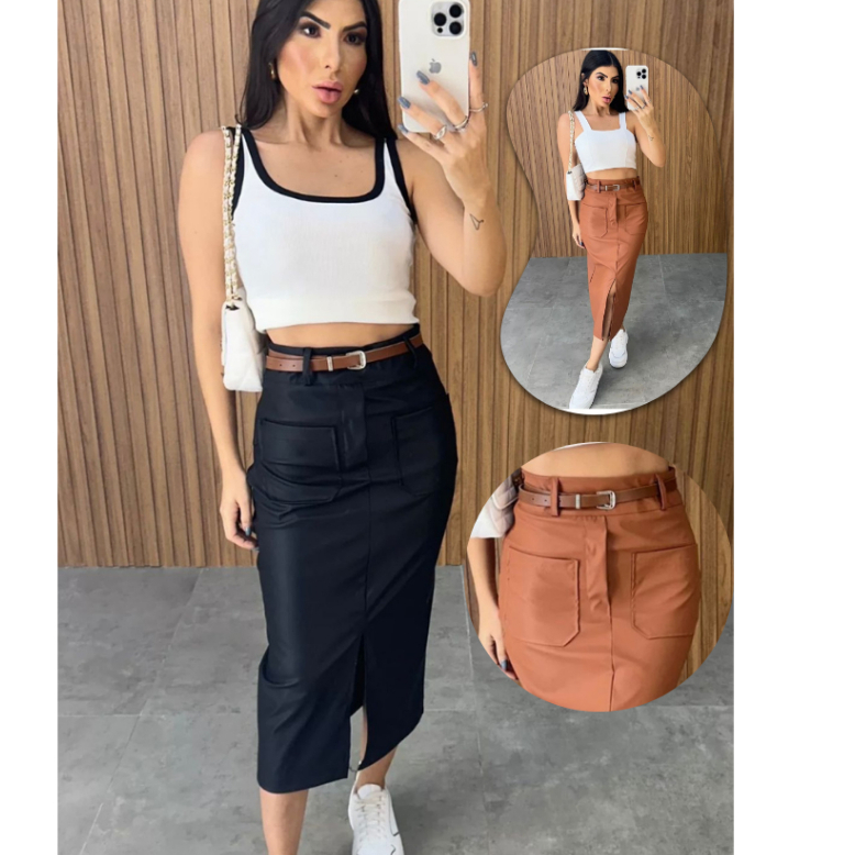 saia midi couro ecologico com bolso na frente em Oferta na Shopee