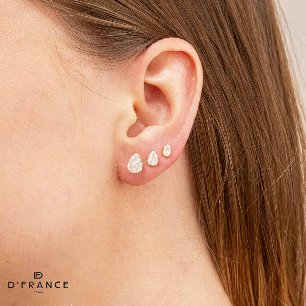 Trio De Brincos Gotas Com Zircônia Cristal Banhado a Ouro 18K - D France Semijóias em Oferta na Shopee