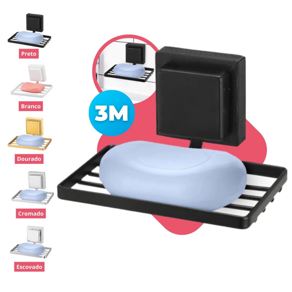 Saboneteira Banheiro Suporte Parede Porta Sabonete Fixação Dupla Face 3M Sem Furo Black Preto Arthi em Oferta na Shopee