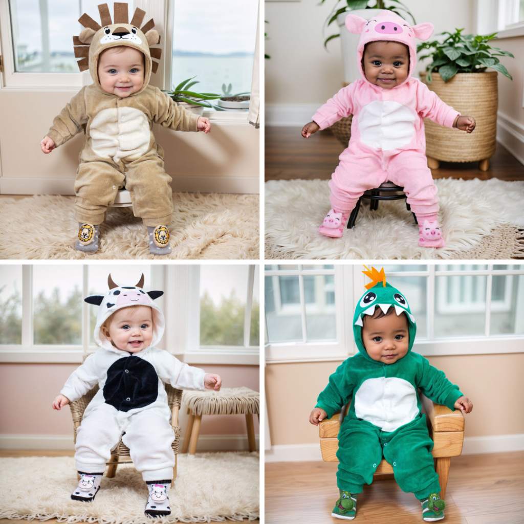 Conjunto de macacão temático em plush quentinho com capuz bordado e pezinho pantufa com bo...