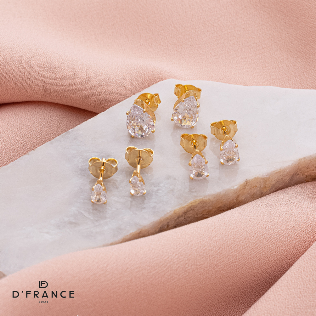 Trio De Brincos Gotas Com Zircônia Importadas Folheado a Ouro 18K - D France Semijóias em Oferta na Shopee