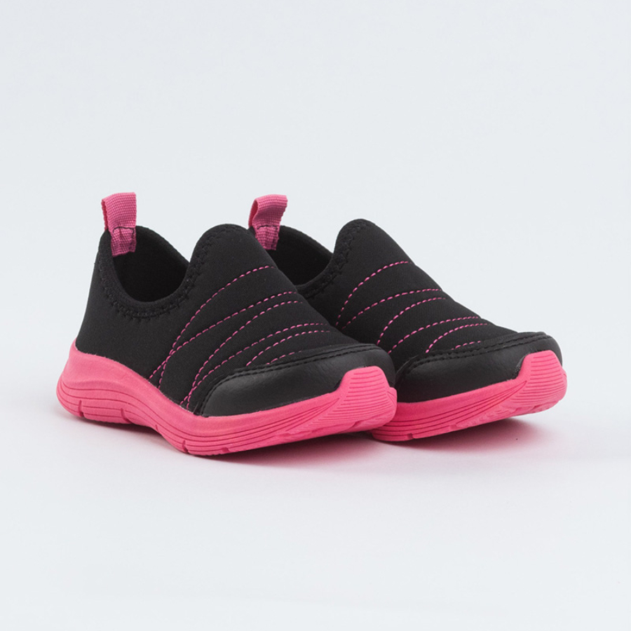 Tênis Infantil Molekada Menina Preto Slip On Costura Pink