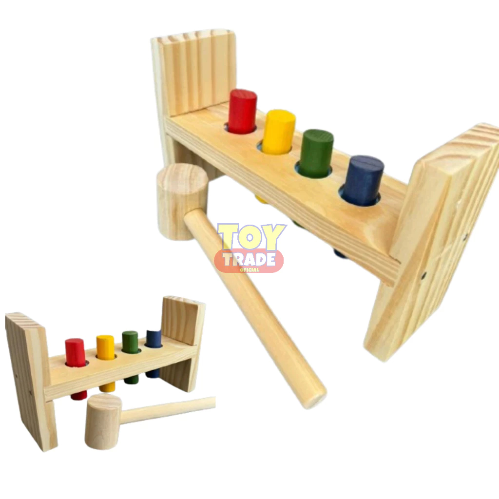 Brinquedo Bate Pinos Grande Com Martelo em Madeira Educativo Pedagogico Resistente TOY TRADE