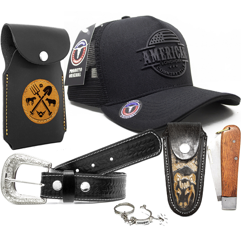 Kit Adulto Bone American + Cinto Couro + Bainha American + Bainha C/ Canivete