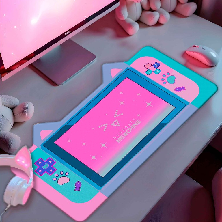 Mouse Pad 70x35cm Kawaii Gatinho com Orelhinhas e Borda Costurada