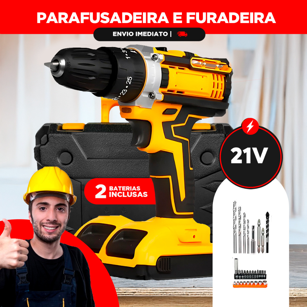 Parafusadeira Furadeira 21V 2 Baterias Forte e Resistente Com Maleta e Acessórios Completo em Oferta na Shopee