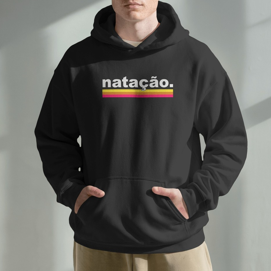 Moletom Preto Estampado Natação Flanelado Minimalista Atleta Moletom Canguru Masculino E Feminino