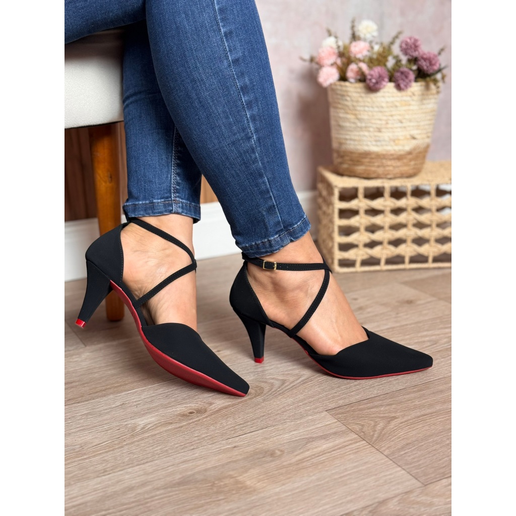 Scarpin Feminino Sola Vermelha Nobuck Camurça com Tiras Salto Fino Festa Noite