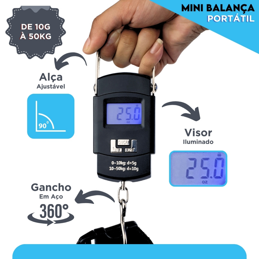 Balança De Mão Digital 50 KG com Pilhas -  Para Bagagem Bolsa e Pesca - Aero