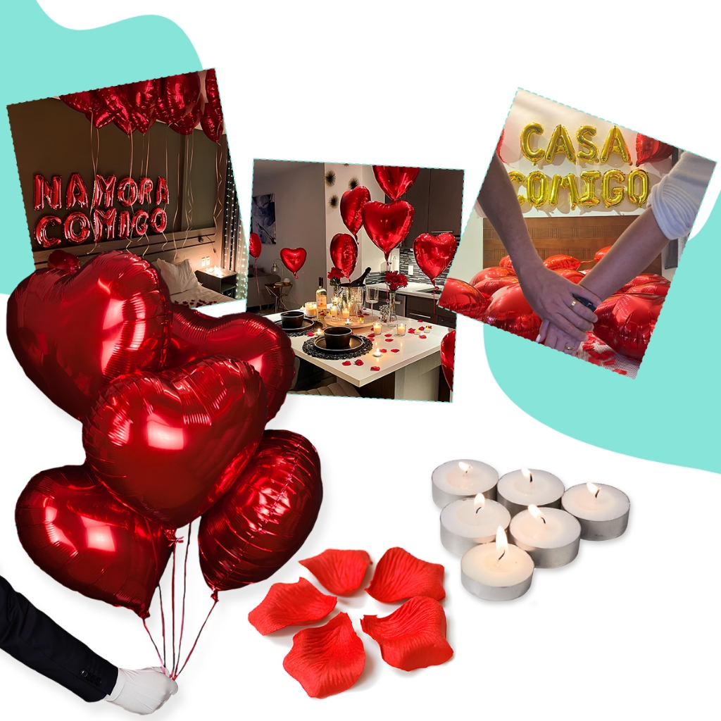 Kit Decoração Romântica 500 Pétalas + 12 Velas + 10 Balões + Casa Comigo OU Namora Comigo