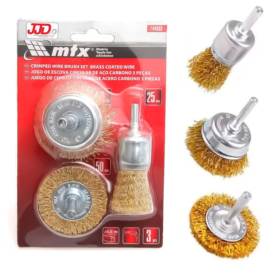 Kit Jogo Escova Circular De Aço Carbono 3 Peças Plana 50mm Copos 25 E 50mm Limpeza De Ferrugem