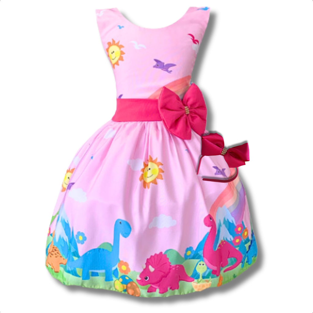 Vestido Infantil Temático Dinossauro Rosa Luxo com Armação de Tule e Laço Ajustável