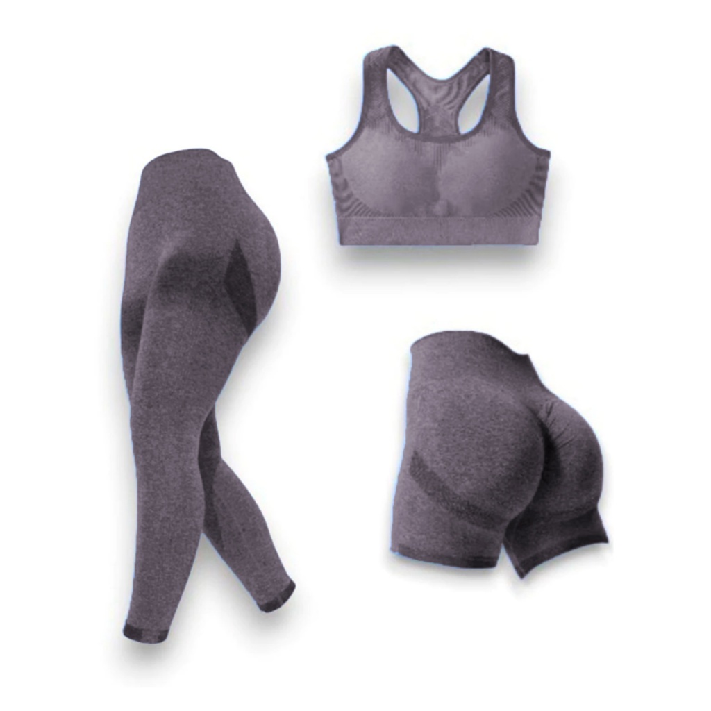 Kit 3 Peças Top + Short + Calça Feminino Canelado Poliamida Grossa Esportivo Importado