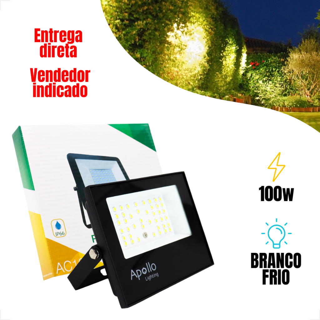 Refletor Projetor 100W Led Branco Frio 6500K Bivolt IP66 Holofote Luminária Led Externa Galpão