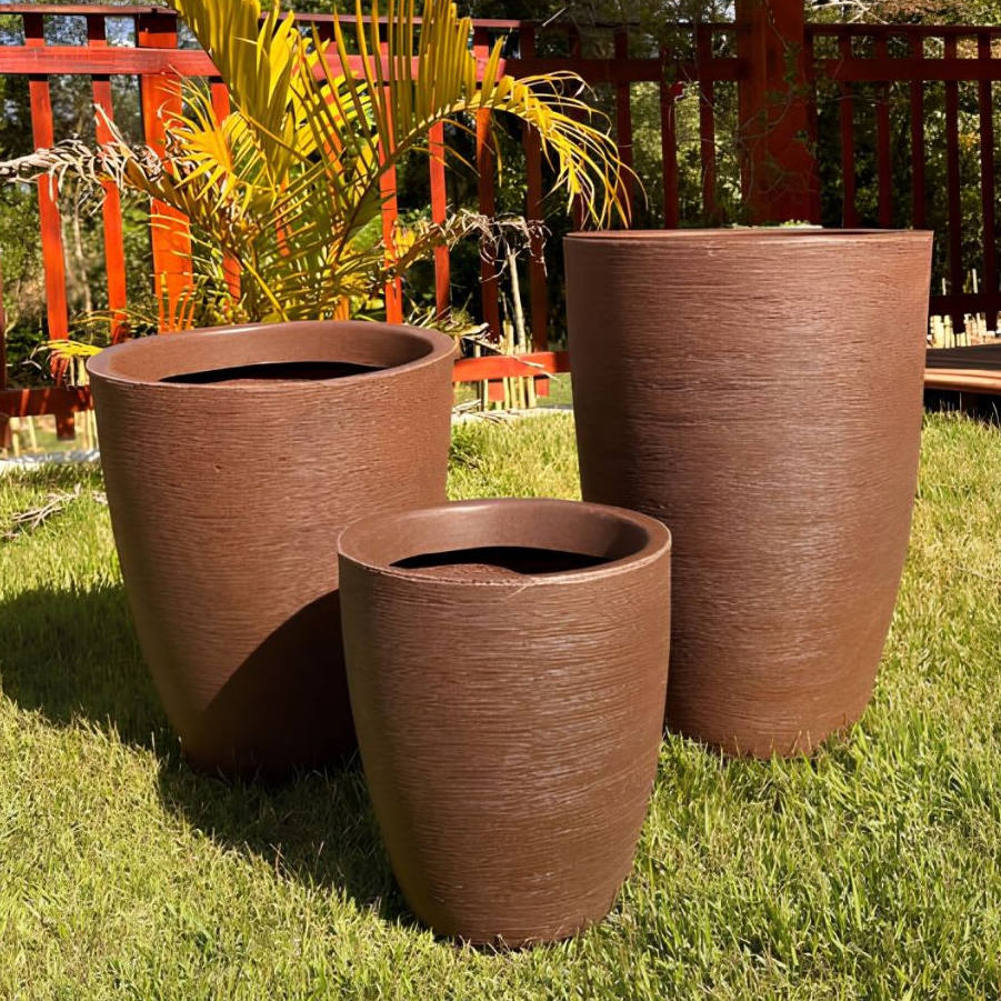 Kit Conjunto 3 Vasos para plantas P+M+G em Polietileno Decorativo Escovado Luxo Moderno