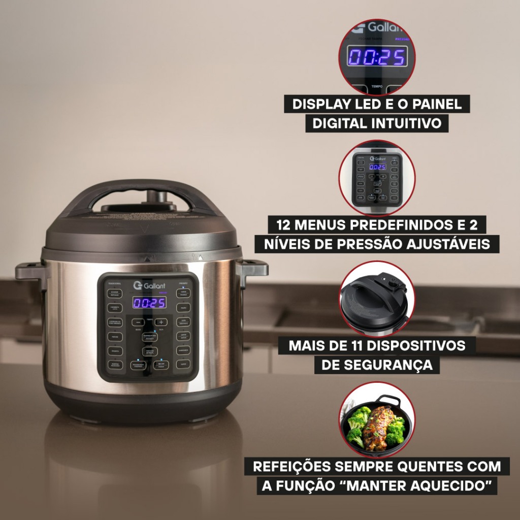 Panela de Pressão Elétrica Digital Gallant 6L GPP06 15 Funções Clique E Pronto Inox 1000W 127V