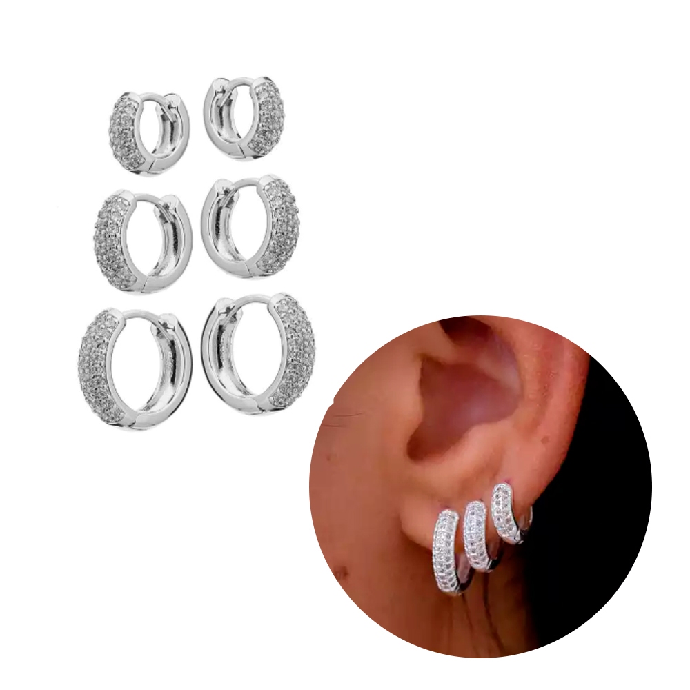 Trio De Argolas Feminino 3 Fileiras Zircônia Cravejada Prata 925 Hipoalergênico