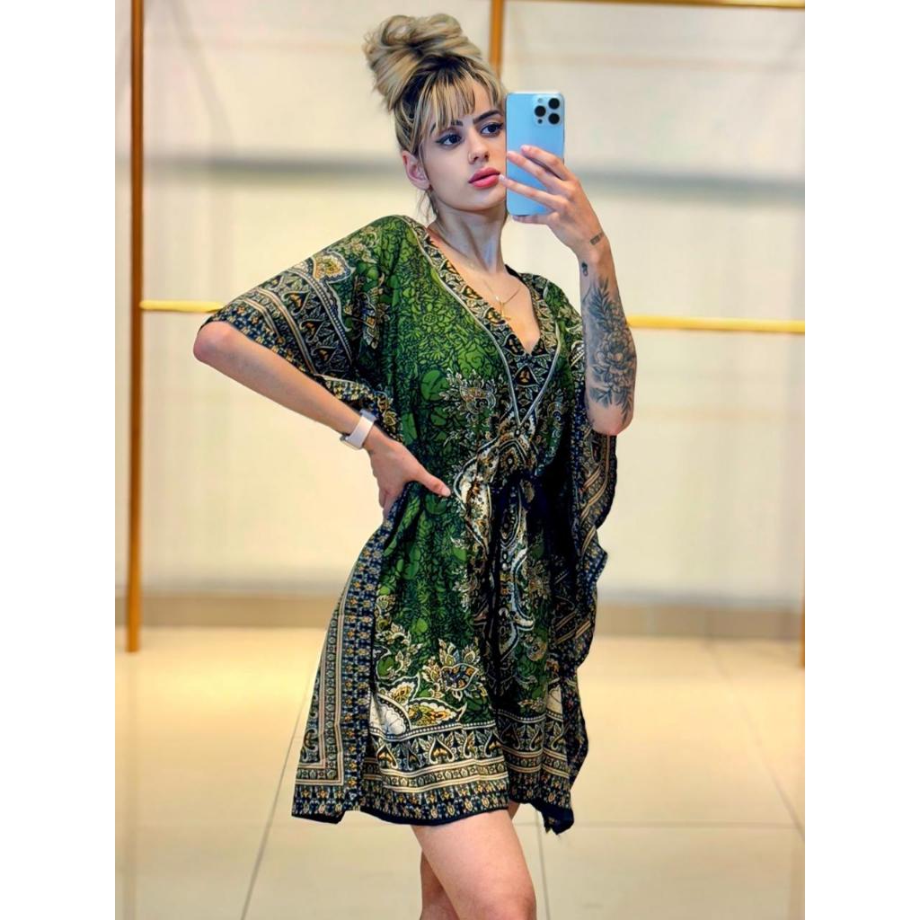 vestido curto elegante BOHO indiano estampado com manga morcego, casamento, festa, lazer, batizado