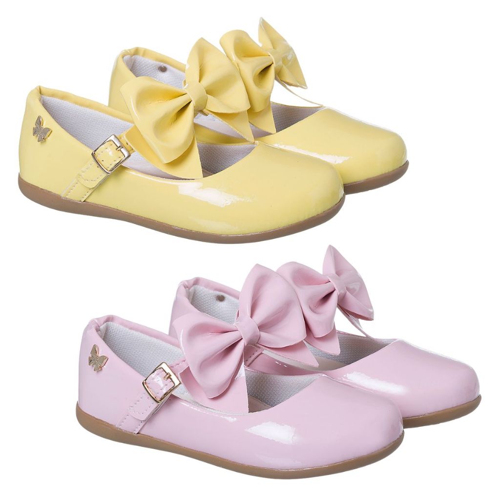 Sapatilha Infantil Menina Verniz Rosa Amarela Laço 2 em 1 Removível Moda Blogueirinha - 20 ao 34