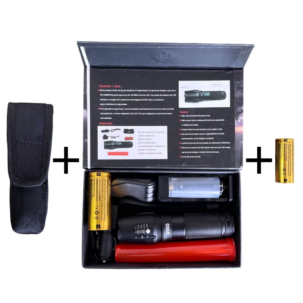 Kit Porta Lanterna + Lanterna X900 Led Recarregável Com Bateria Extra Brinde