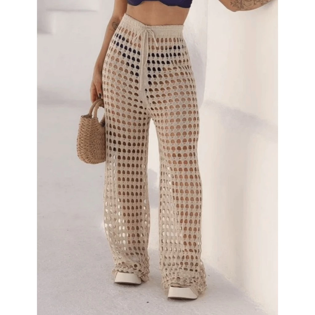 Calça Saída de Praia e Piscina Tricô Ponto Crochê Moda Verão — imagem 1