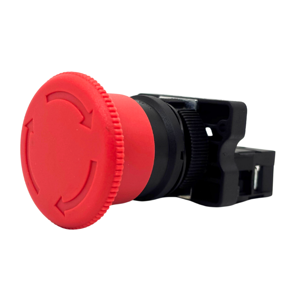 Botão Cogumelo de Emergência 22mm Vermelho com Trava Gira e Destrava 1NF Interruptor Boteira Industrial
