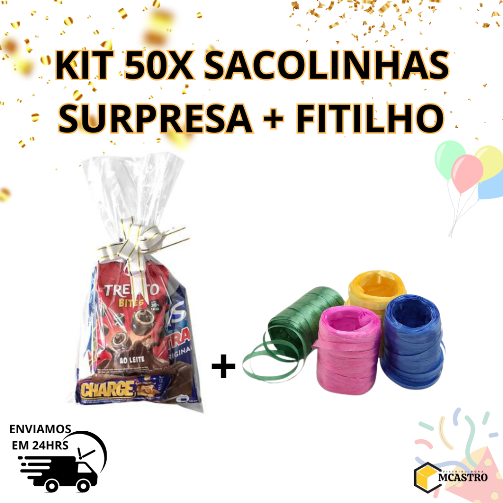 Kit Saquinho Pra Sacolinha Surpresa Transparente 15x30 c/50 unids + Fitilho da sua preferência