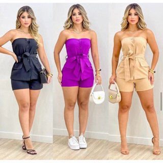 Conjunto Crepe de Alfaiataria com Botões e Cinto Short e Bata em Oferta na Shopee