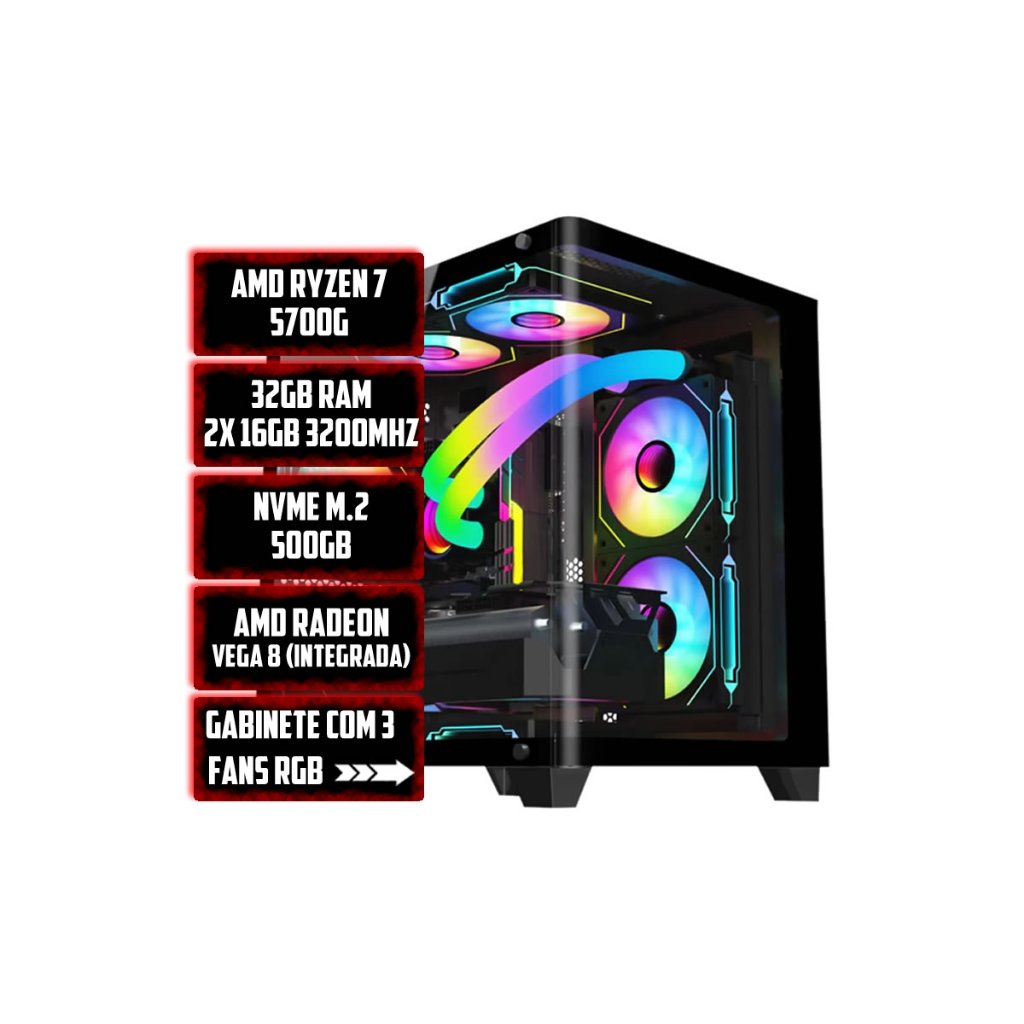 PC Gamer AMD Ryzen 7 5700G, 32GB DDR4, SSD NVMe 500GB, Fonte 600W, Gabinete RGB