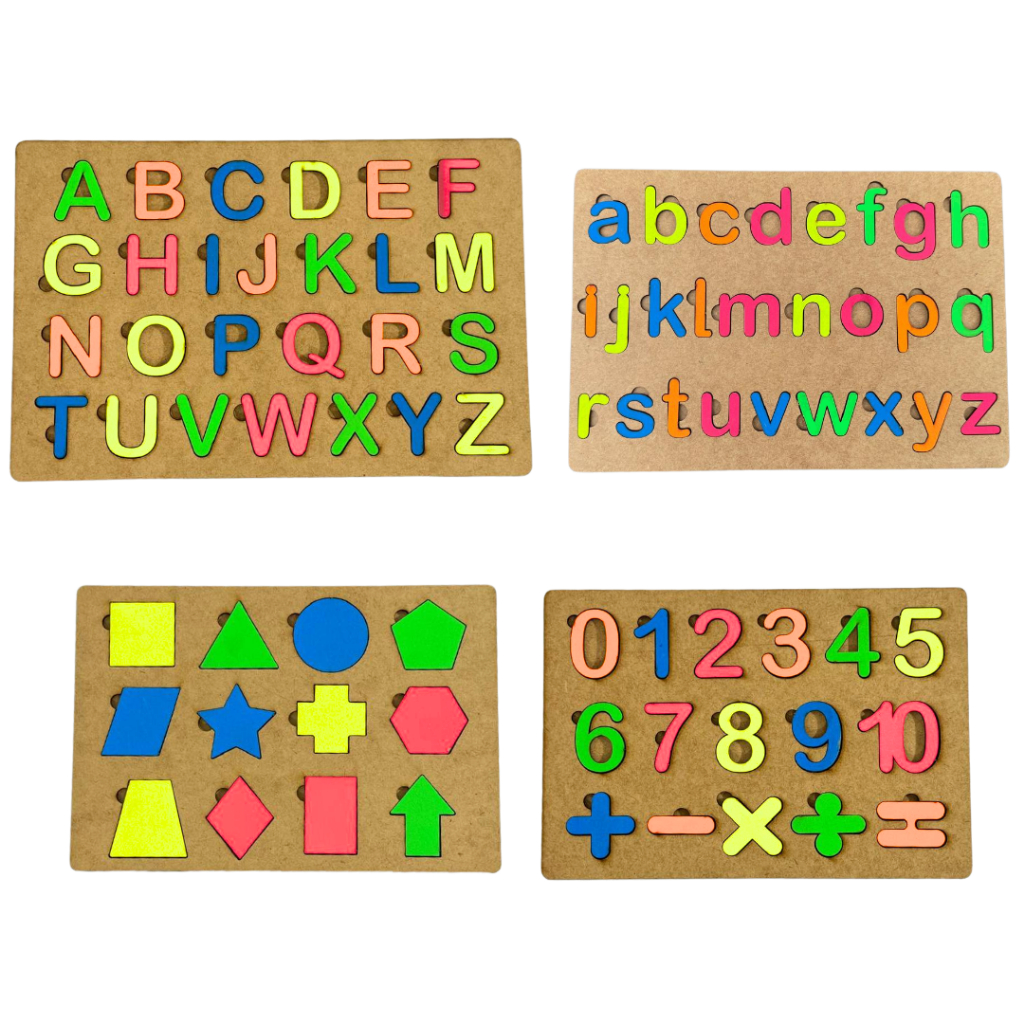 Kit Alfabeto + Alfabeto Minúsculo + Formas + Numerais Brinquedos Pedagógicos / Educativos Coloridos Feitos de Madeira