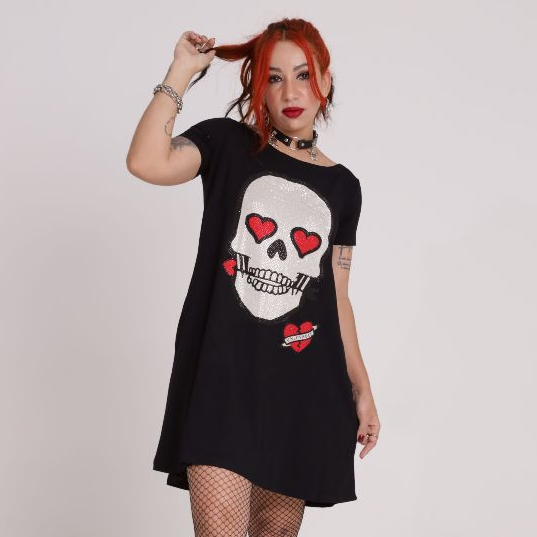 Vestido Manga Curta Strass Love Premiun Caveira Skull com Bolso