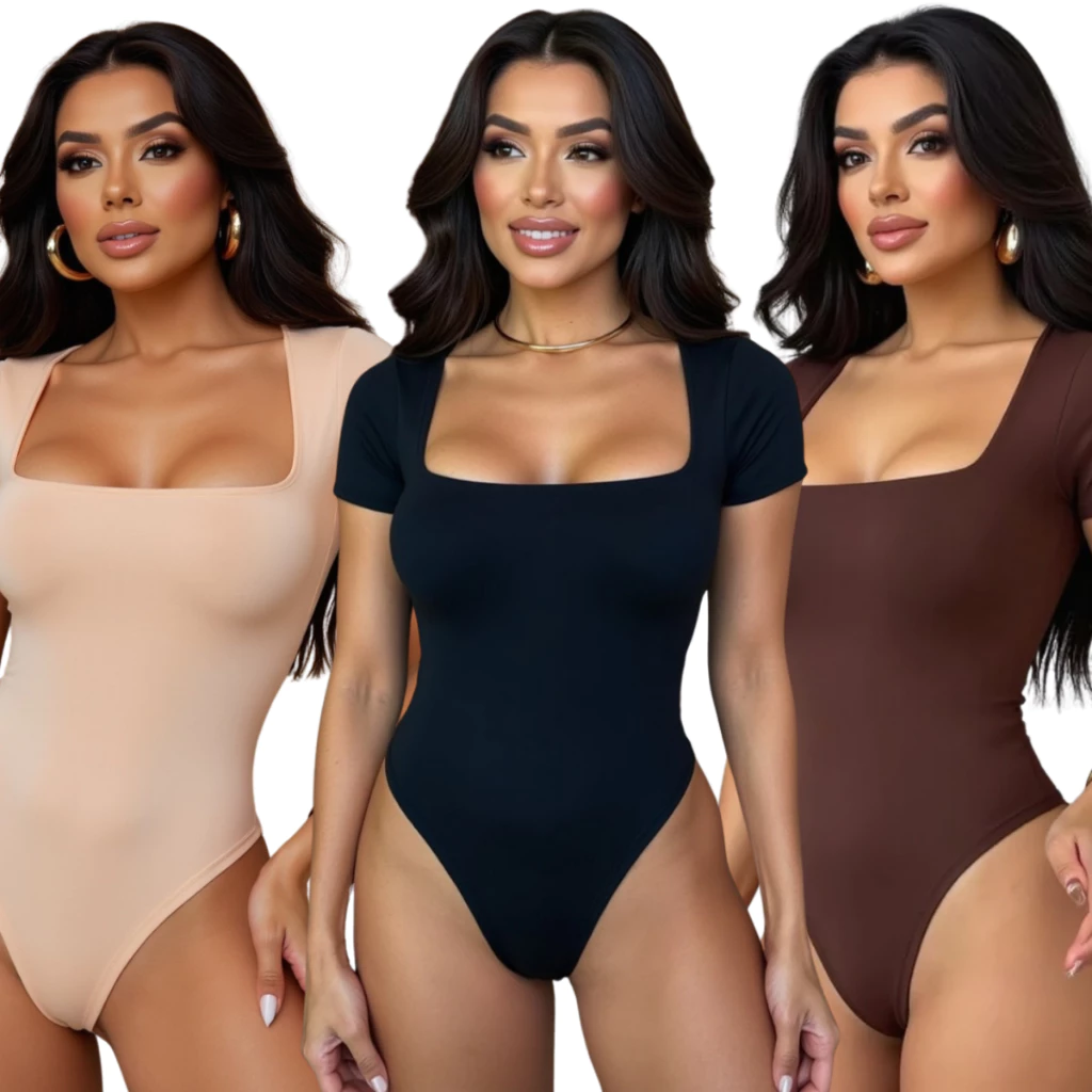 Kit Body Feminino Manga Curta Decote Quadrado Suplex Manguinha Decotado Forro Duplo Básico