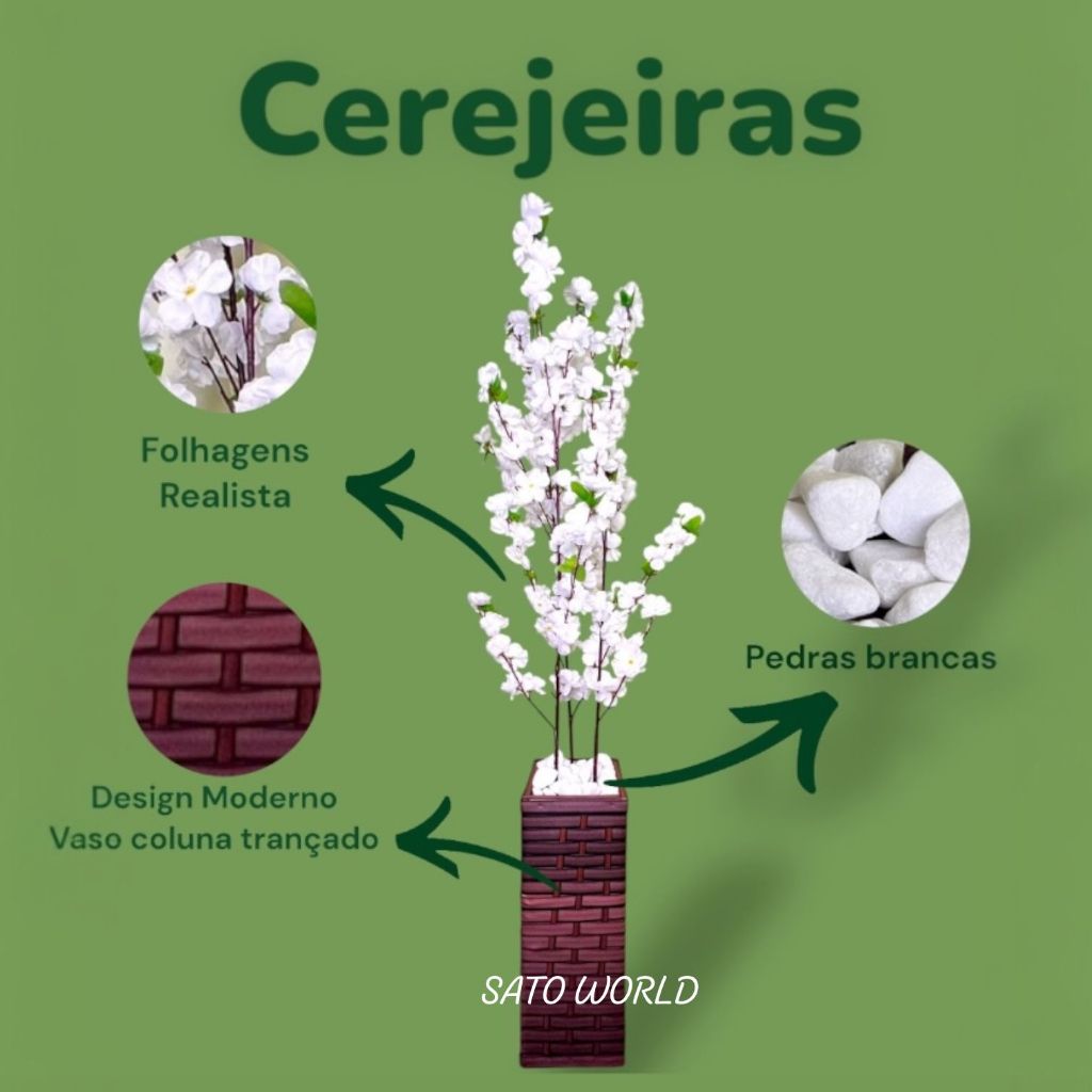 Decoração Charmosa: Jarro de Cerejeira e Pessegueira Artificial em Vaso de Fibra de Madeira COLU