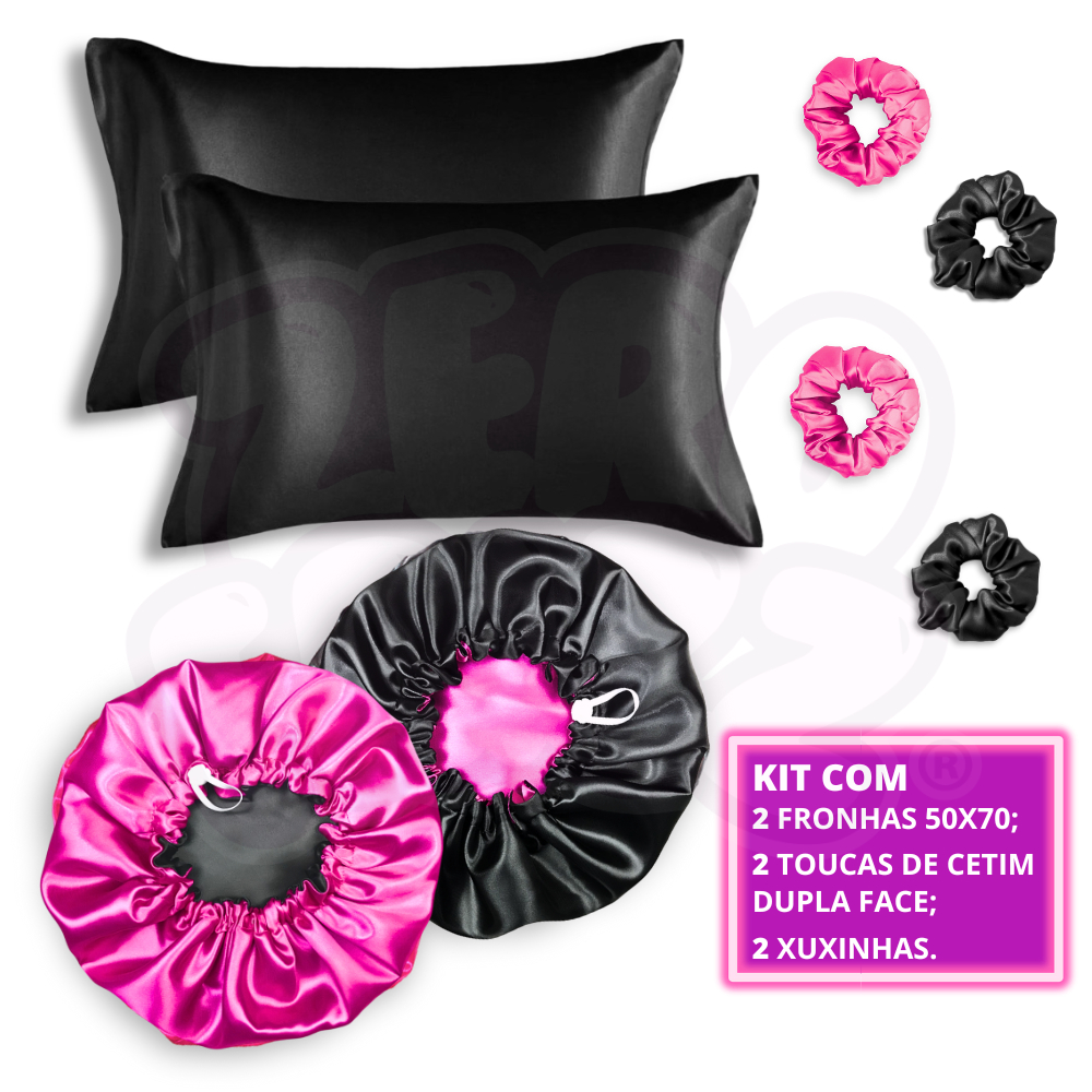 Kit Cetim Antifrizz 2 toucas dupla face regulável + 2 fronhas + 2 xuxinhas scrunchies em Oferta na Shopee