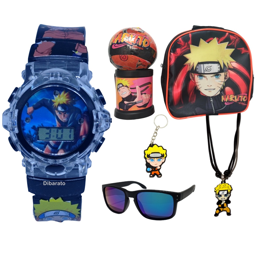 NARUTO KIT MOCHILA RELÓGIO MUSICAL LUZES ÓCULOS COLAR E CHAVEIRO CANECA E BOLA SURPRESA NARUTO