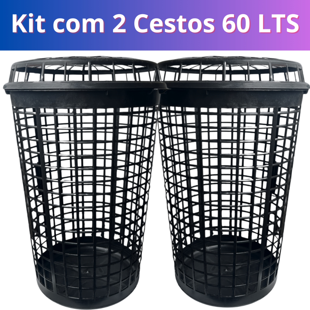 Kit de 2 Cestos de Roupas Telados com Tampa 60 Litros Cada Reforçado e Flexível