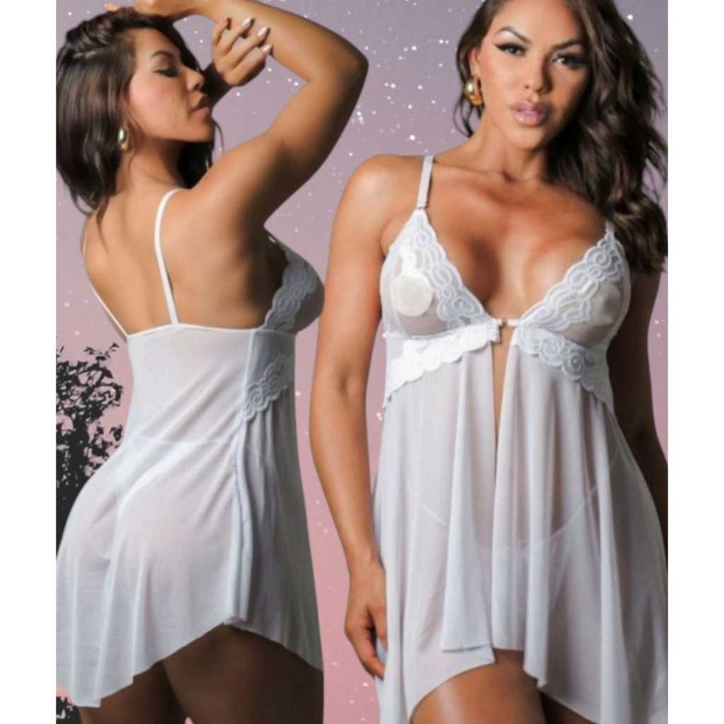 Camisola Decotada Transparente Sensual em Tule e Renda Acompanha Calcinha Renda Abertura na Frente com Detalhes em Renda