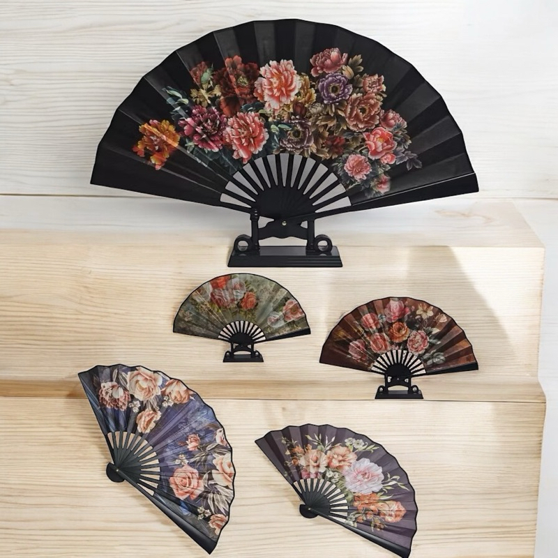 .Leque De Mão Tecido Estampa Floral  Aberto 47cm