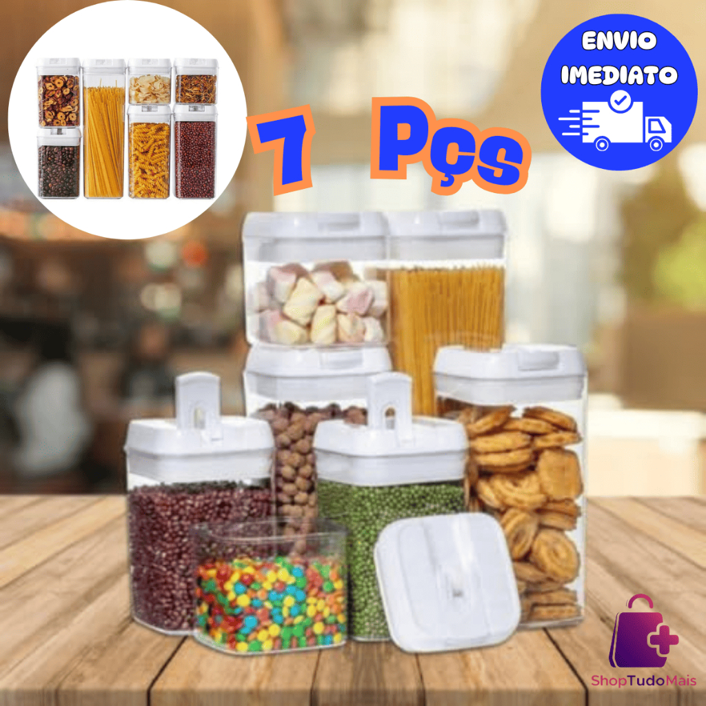 Kit 7 Potes Herméticos Acrílico Porta Alimento Condimento Multiuso Organização Vedação Cozinha