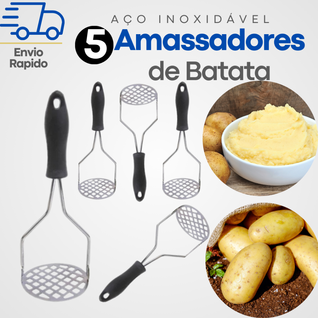 5 Amassador Batatas Espremedor Manual Legumes Multiuso Aço Inox Com Cabo Plastico Cozinha Multiuso