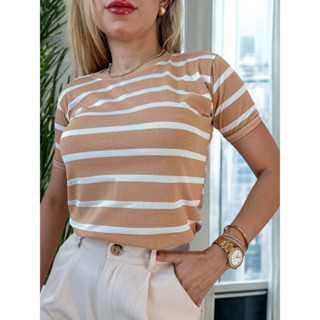 Blusa Feminina T-shirt Premium Listrada elegante básica casual Preta Com Elastano e 100% algodão. em Oferta na Shopee