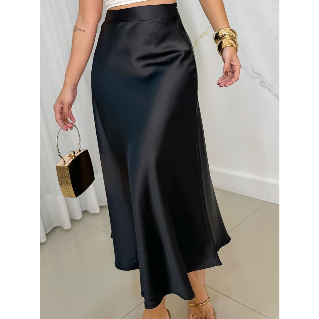 EMILI3 - Saia Midi Feminina De Cetim Evasê Fluida-9381 em Oferta na Shopee