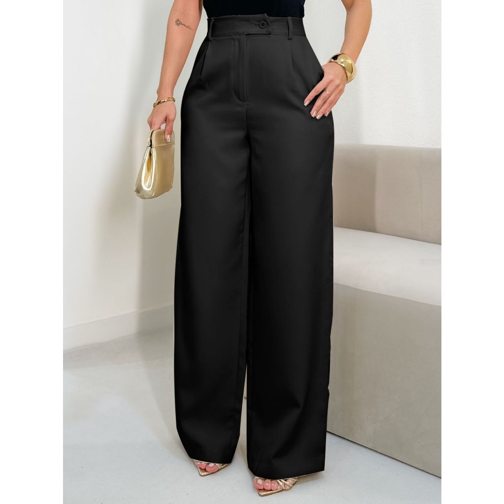 EMILI3- Calça Pantalona Alfaiataria Feminina Com Fecho Cruzado-S851 em Oferta na Shopee