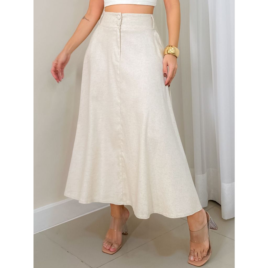 EMILI3- Saia Midi Godê Feminino Em Tricolina Com Fechamento Frontal De Dois Botões Entrada Para Cinto-S840 em Oferta na Shopee