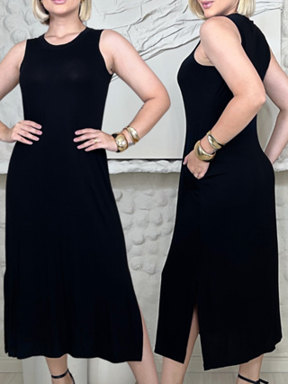 Vestido Regata Midi com Bolsos Cores Lisas Malha Sem Manga com Fenda Lateral Casul em Oferta na Shopee