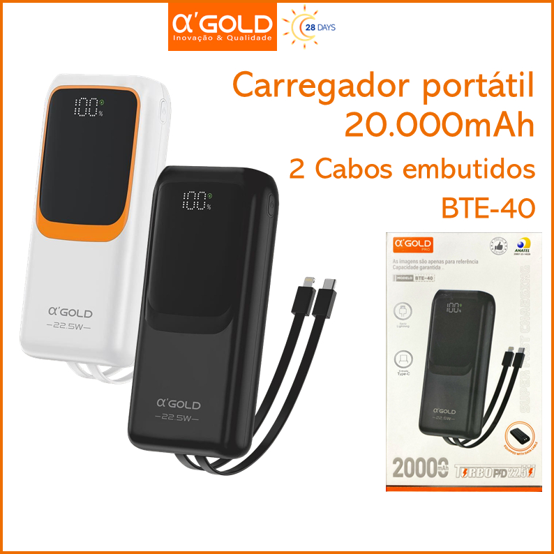 Bateria Portátil Power Bank 20.000mAh 22.5W PD Carga Rápida Turbo A'GOLD BTE-40